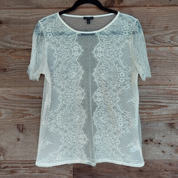Express Off White Sheer Lace Short Slv Top Medium - Picture 1 of 4